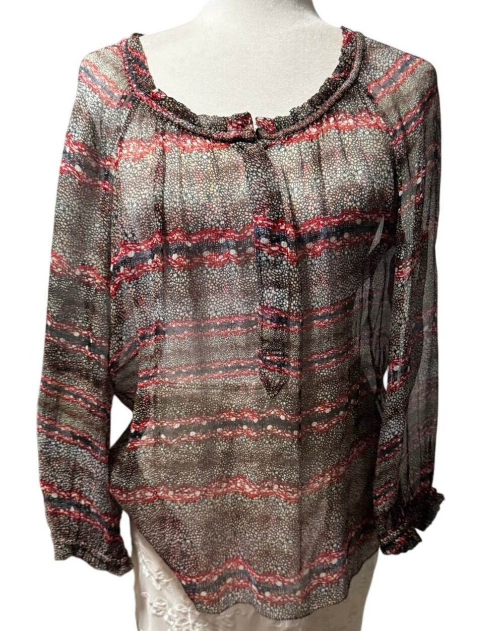 Isabel Marant Étoile Sheer Silk Peasant Blouse Red Navy Wave Print Size 40/M